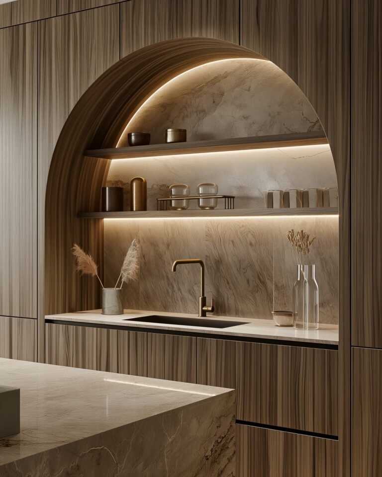 Contemporary mocha kitchen with wood paneling, marble surfaces and ambient LED lighting in a quiet luxury home.